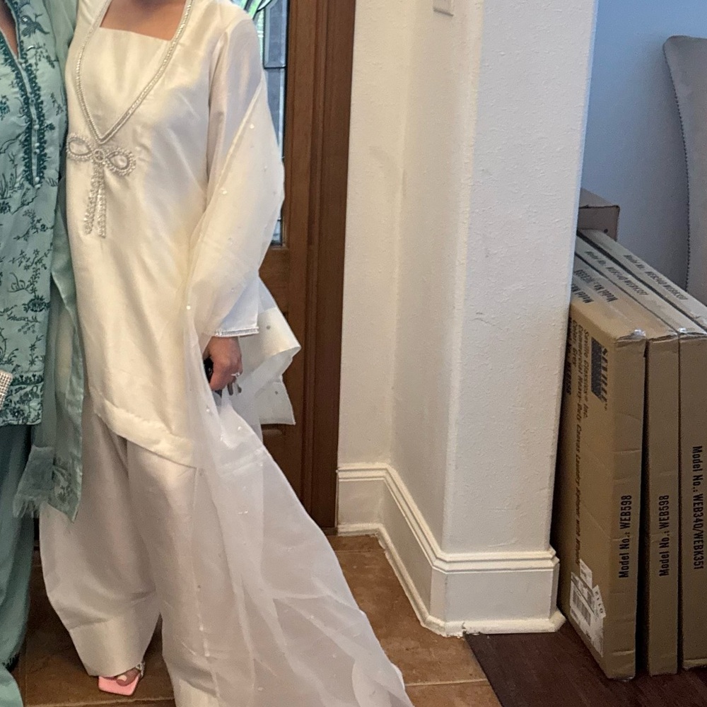 Elegant White Farshi Shalwar Outfit